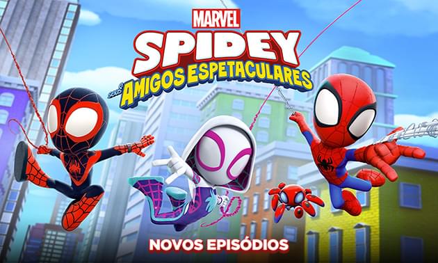 Pôster da animação Spidey e Seus Amigos Espetaculares, com os personagens usando seus trajes de Homem-Aranha