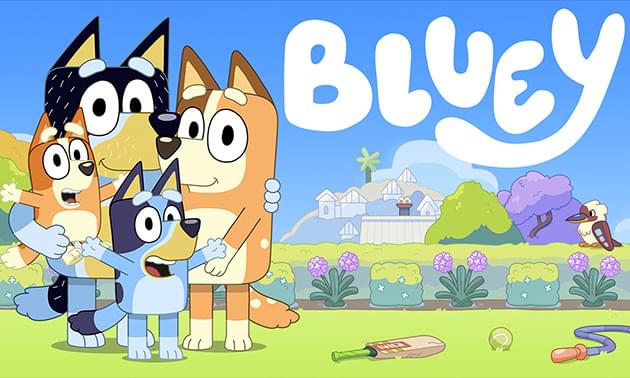 Pôster da animação Bluey, com Bluey e sua família