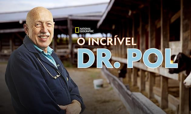 Pôster da série O Incrível Dr. Pol, com o veterinário e animais de uma clínica veterinária